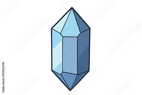 Geometric blue mineral crystal with sharp facets and glowing light reflections on white