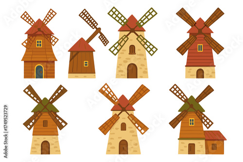 Six traditional European windmills with rustic architecture and rotating sails
