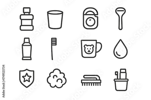 Toothbrush Holder Icons. Toothbrush holder. Line outline icon set of Toothbrush holder: mouthwash bottle,