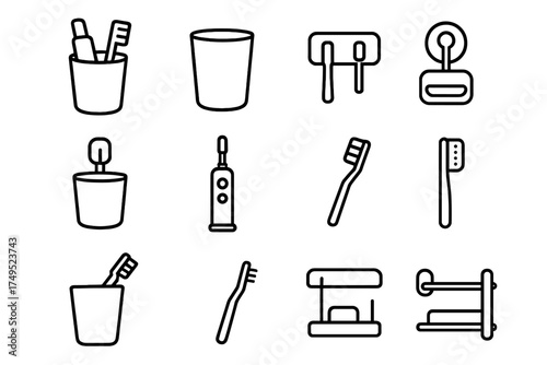 Toothbrush Icon Set. Toothbrush holder. Line outline icon set of Toothbrush holder: toothbrush, toothpaste,