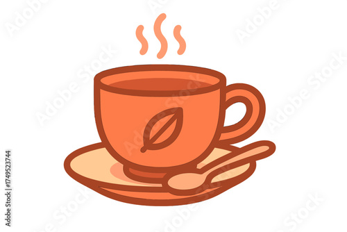Minimalist steaming hot cup of tea or coffee on a saucer with a spoon