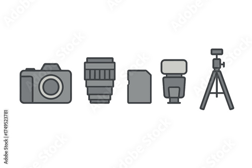 Set of professional photography equipment icons including camera lens flash and tripod
