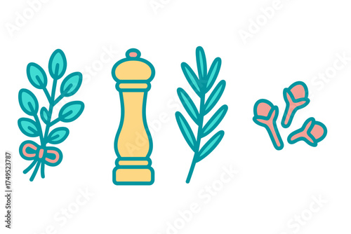 Collection of culinary seasoning ingredients including pepper shaker rosemary and dried cloves