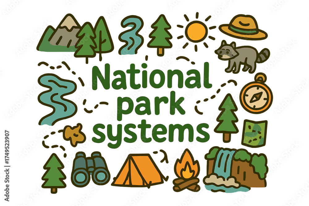 Fototapeta premium National Park Doodle. National park systems. Hand-drawn doodle illustration of National park systems. mountain