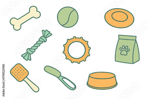 Set of essential pet supplies and accessories including toys, food, grooming brush, and feeding bowl