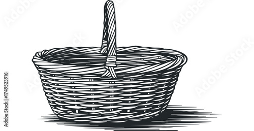 Woven wicker basket with handle and shadow