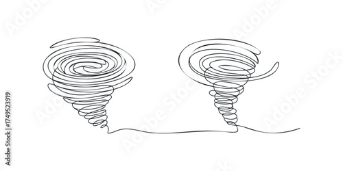 Two tornadoes drawn in a continuous single line sketch, cut out transparent