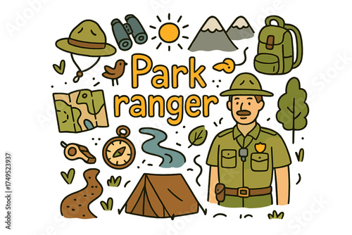 Park Ranger Doodle. Park ranger. Hand-drawn doodle illustration of Park ranger. ranger hat, binoculars,