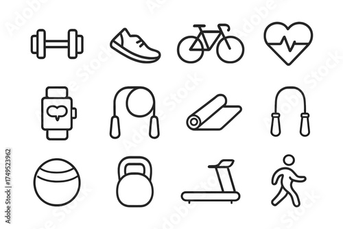 Wellness Retreat Icons. Wellness retreats. Line outline icon set of Wellness retreats: fitness dumbbell,