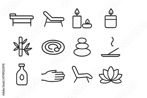 Wellness Retreat Icons. Wellness retreats. Line outline icon set of Wellness retreats: massage table, spa bed,