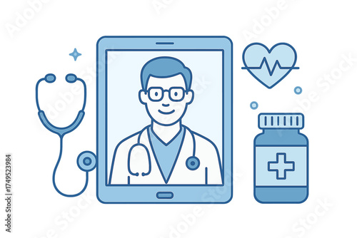 Doctor on tablet screen providing telemedicine consultation with medical symbols