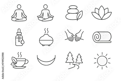 Wellness Icon Set. Wellness retreats. Line outline icon set of Wellness retreats: yoga pose, meditation icon,