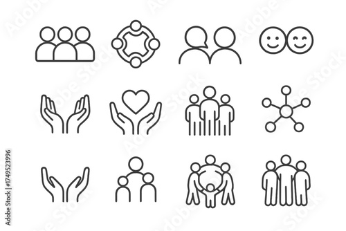 Wellness Retreat Icon Set. Wellness retreats. Line outline icon set of Wellness retreats: group of people,