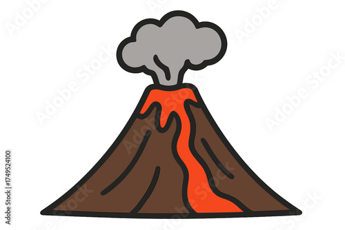 Erupting volcano with bright lava flowing down the slopes and smoke rising from the crater