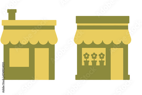 Simple graphic icons of two small business storefronts including a flower shop