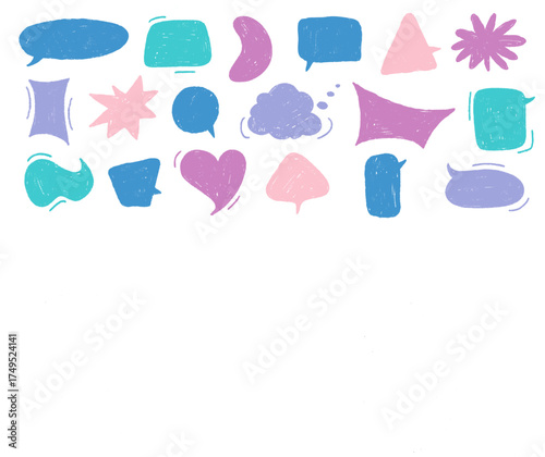 Crayon doodle speech bubble collection. Hand drawn chalk talk Frames. Cute text box set for Chat and Stickers