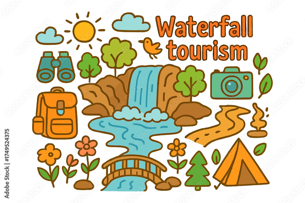 Fototapeta premium Waterfall Adventure Doodles. Waterfall tourism. Hand-drawn doodle illustration of Waterfall tourism. waterfall