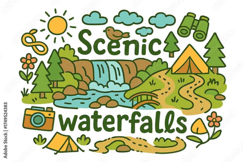 Fototapeta premium Scenic Waterfalls Doodle. Scenic waterfalls. Hand-drawn doodle illustration of Scenic waterfalls. waterfall,