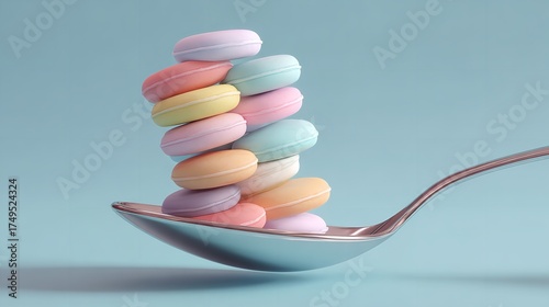 A stack of colorful pastel antacid tablets piled high on a silver spoon against a soft blue background, representing relief from indigestion