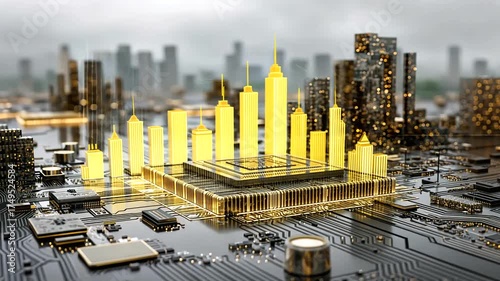 Futuristic Cityscape with Circuit Board and Technology Elements
