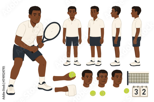 Tennis Player Character Design. Cartoon realistic vector illustration, Character constructor style, isolated