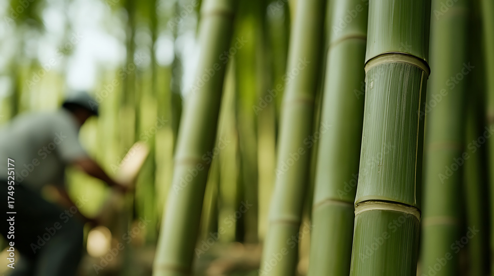 Obraz premium Bamboo forest with a worker cutting stalks, showcasing sustainable forestry and natural resource management. Sunlight filters through the dense grove.