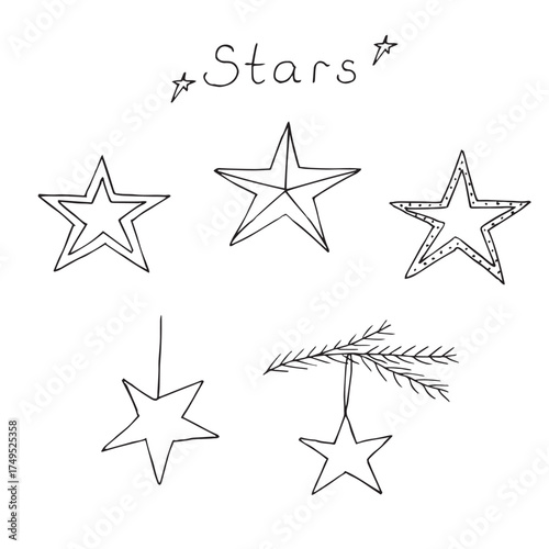 Christmas stars, set of elements, hand drawing, vector illustration