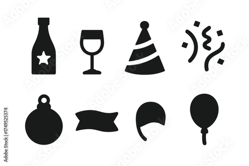 Holiday Spirits Icons. Holiday Spirits. Filled icon set of Holiday Spirits: champagne bottle, glass, party hat