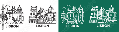 set of Lisbon Iconic Landmarks line icon and vector illustration