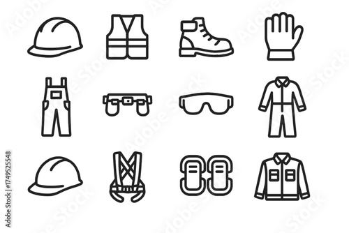 Workwear Icon Set. Workwear trends. Line outline icon set of Workwear trends: safety helmet, high-visibility