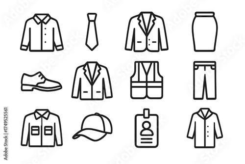 Workwear Icon Set. Workwear trends. Line outline icon set of Workwear trends: office shirt, tie, business