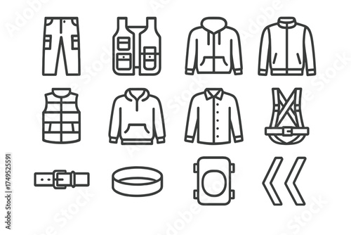 Workwear Trends Icons. Workwear trends. Line outline icon set of Workwear trends: cargo pants, utility pockets