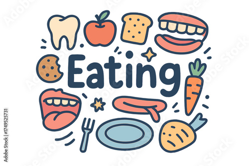 Playful Eating Doodles. Eating. Hand-drawn doodle illustration of Eating. teeth, molar, jaw, tongue, gums,