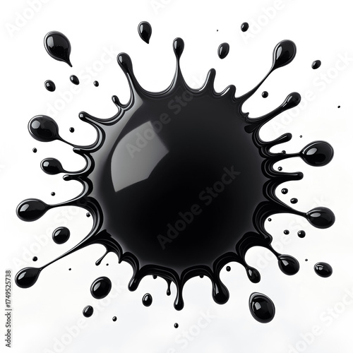 A dynamic black ink splash isolated on a clean white background, captured in high resolution with glossy texture and detailed droplets spreading in artistic motion