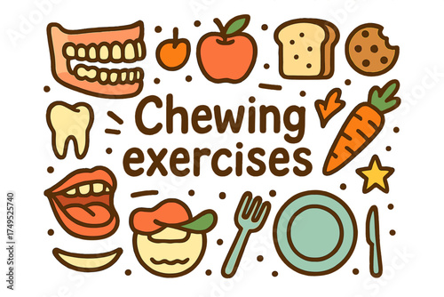 Chewing Exercise Doodles. Chewing exercises. Hand-drawn doodle illustration of Chewing exercises. jaw, teeth,