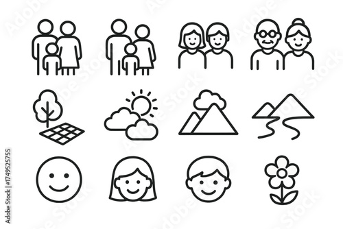 Family Icon Grid. Family portraits in natural settings (outdoor family shoots). Line outline icon set of
