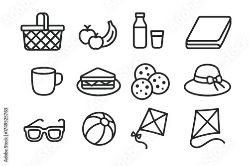 Outdoor Family Icons. Family portraits in natural settings (outdoor family shoots). Line outline icon set of