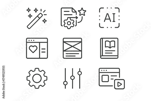 Predictive Icon Set. Predictive Design Elements. Line outline icon set of Predictive Design Elements: magic