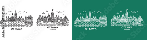 a bold line art illustration of Ottawa city skyline, Canada, featuring its blend of historic and modern architecture.