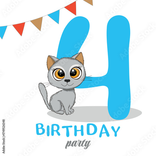 Cute little cat, fourth Birthday party, Happy birthday 4 year old. Invitation or greeting card. Vector illustration.