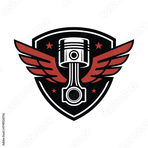 Black shield with red wings and white piston emblem engine motor