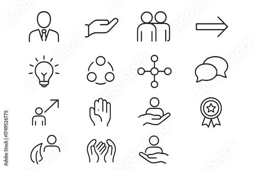Leadership Icon Set. Leadership in action during corporate restructuring. Line outline icon set of Leadership