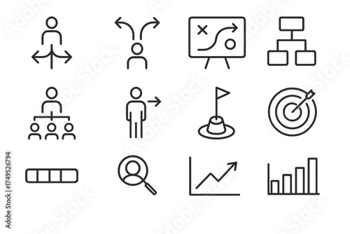 Leadership Icons Grid. Leadership in action during corporate restructuring. Line outline icon set of