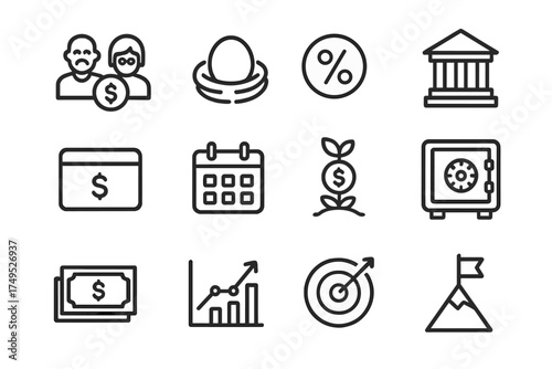 Financial Planning Icons. Financial planning. Line outline icon set of Financial planning: retirement fund,