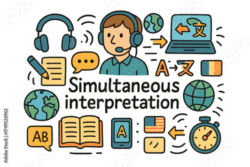 Simultaneous Interpretation Doodle. Simultaneous interpretation. Hand-drawn doodle illustration of