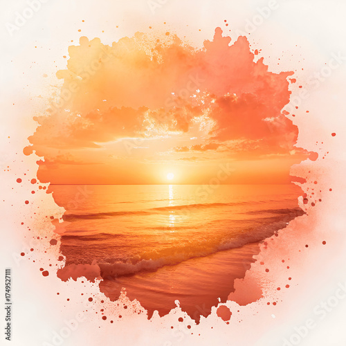 Beautiful watercolor-style seascape of a warm orange sunset over calm ocean waves, blending art and nature in a serene, inspirational composition
