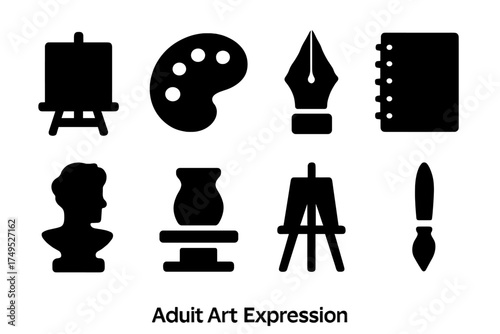 Adult Art Icons. Adult Art Expression. Filled icon set of Adult Art Expression: canvas, oil paint palette,