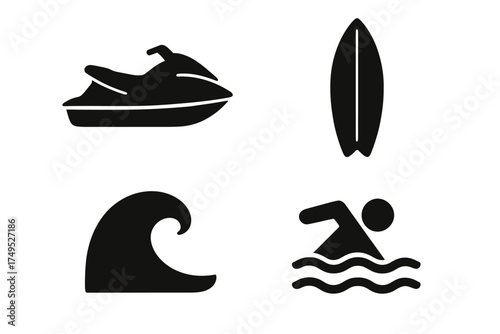Set of water sport icons: jet ski, surfboard, wave, swimming