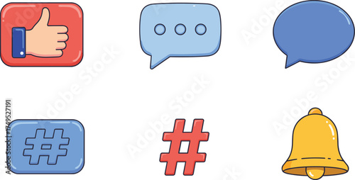 Vector illustration of social media icons including thumbs-up, chat bubbles, hashtags, and notification bell for communication and digital interaction design
