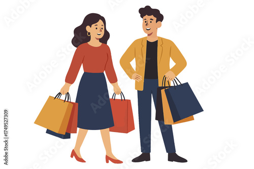 Young caucasian adult couple shopping together with bags and smiling expressions